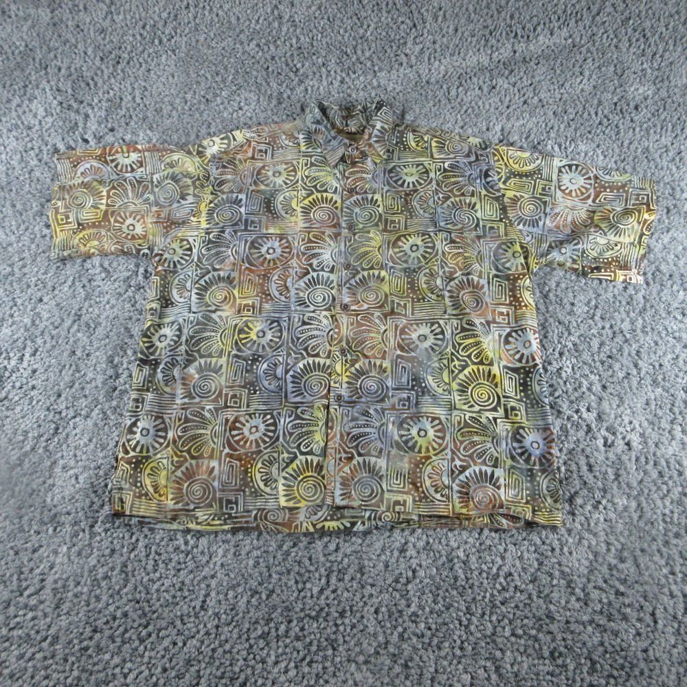 Johari West Shirt Mens XXL Blue Brown Geometric Hawaiian Short Sleeve Button Up